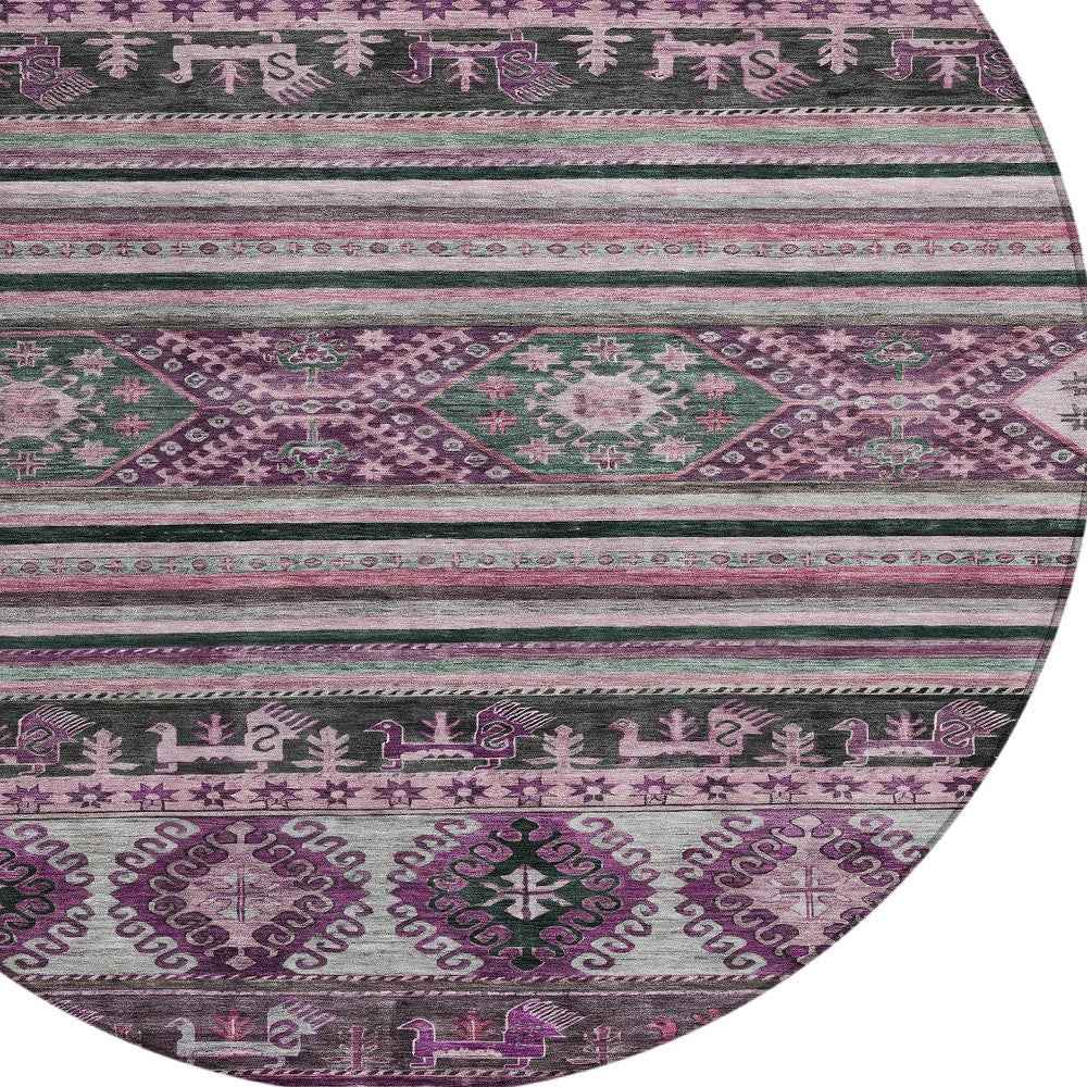 8' Purple Plum And Gray Round Tribal Washable Indoor Outdoor Area Rug