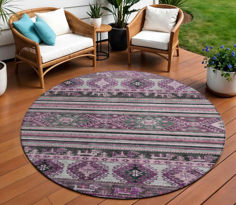 8' Purple Plum And Gray Round Tribal Washable Indoor Outdoor Area Rug