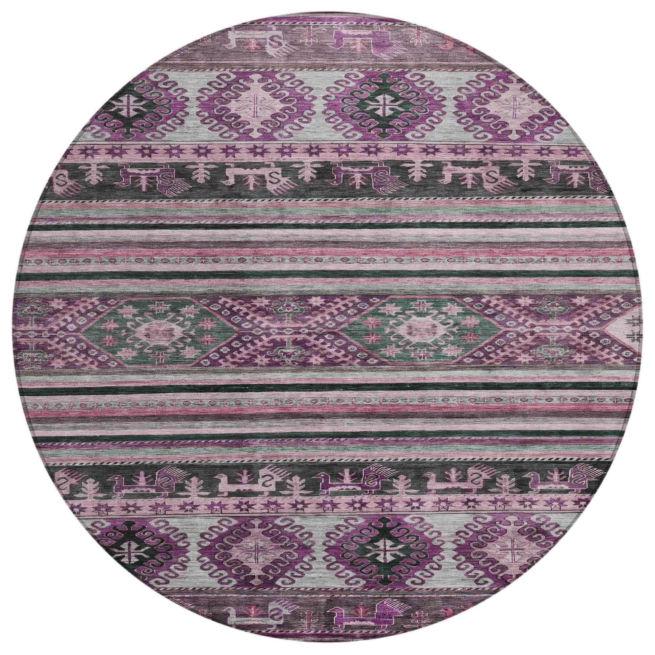 8' Purple Plum And Gray Round Tribal Washable Indoor Outdoor Area Rug
