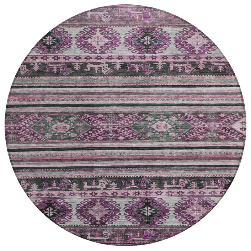 8' Purple Plum And Gray Round Tribal Washable Indoor Outdoor Area Rug