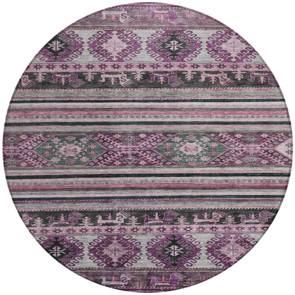 8' Purple Plum And Gray Round Tribal Washable Indoor Outdoor Area Rug