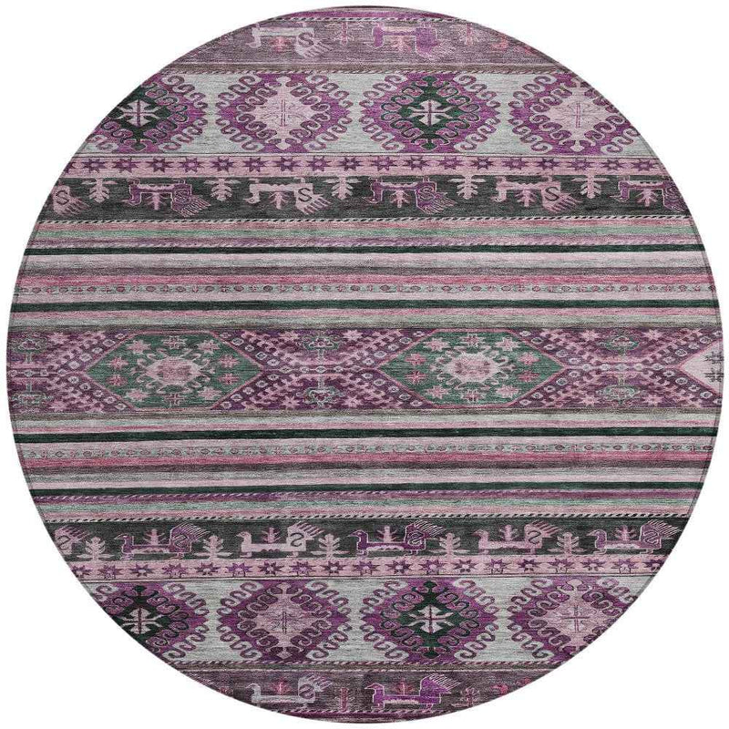 8' Purple Plum And Gray Round Tribal Washable Indoor Outdoor Area Rug