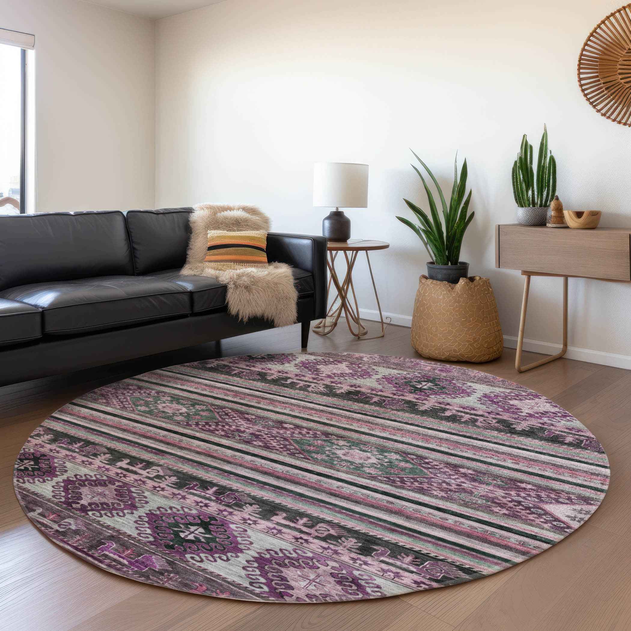 8' Purple Plum And Gray Round Tribal Washable Indoor Outdoor Area Rug