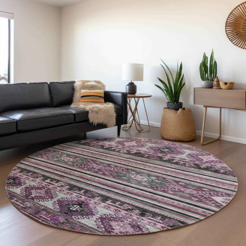 8' Purple Plum And Gray Round Tribal Washable Indoor Outdoor Area Rug