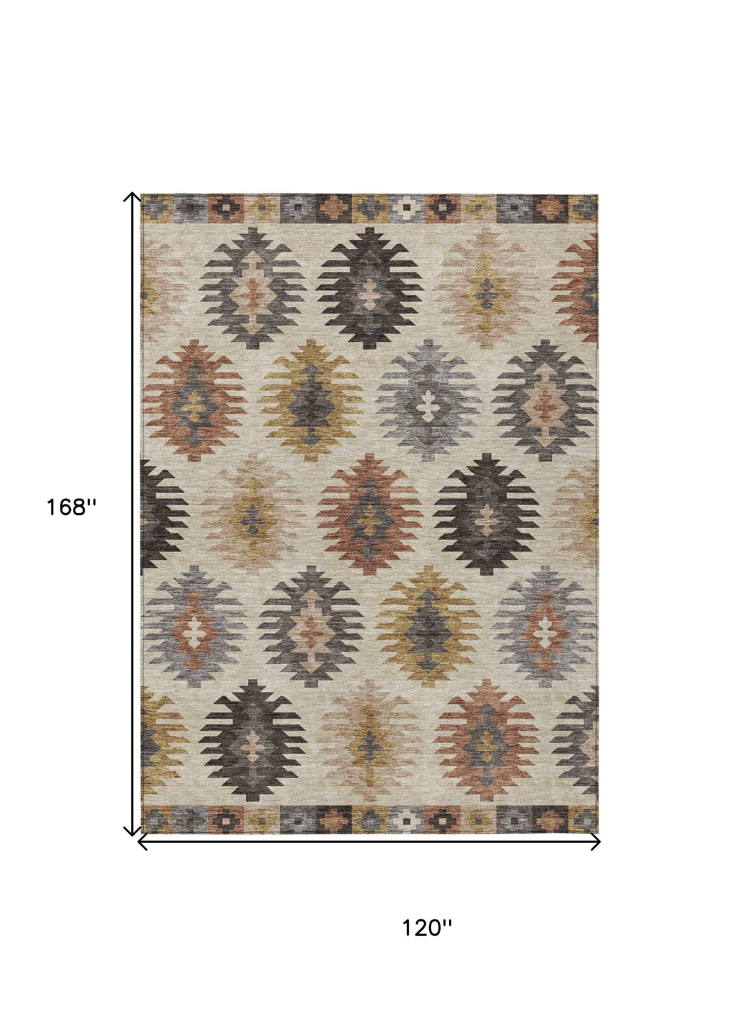 10' X 14' Beige Copper And Gray Southwestern Washable Indoor Outdoor Area Rug