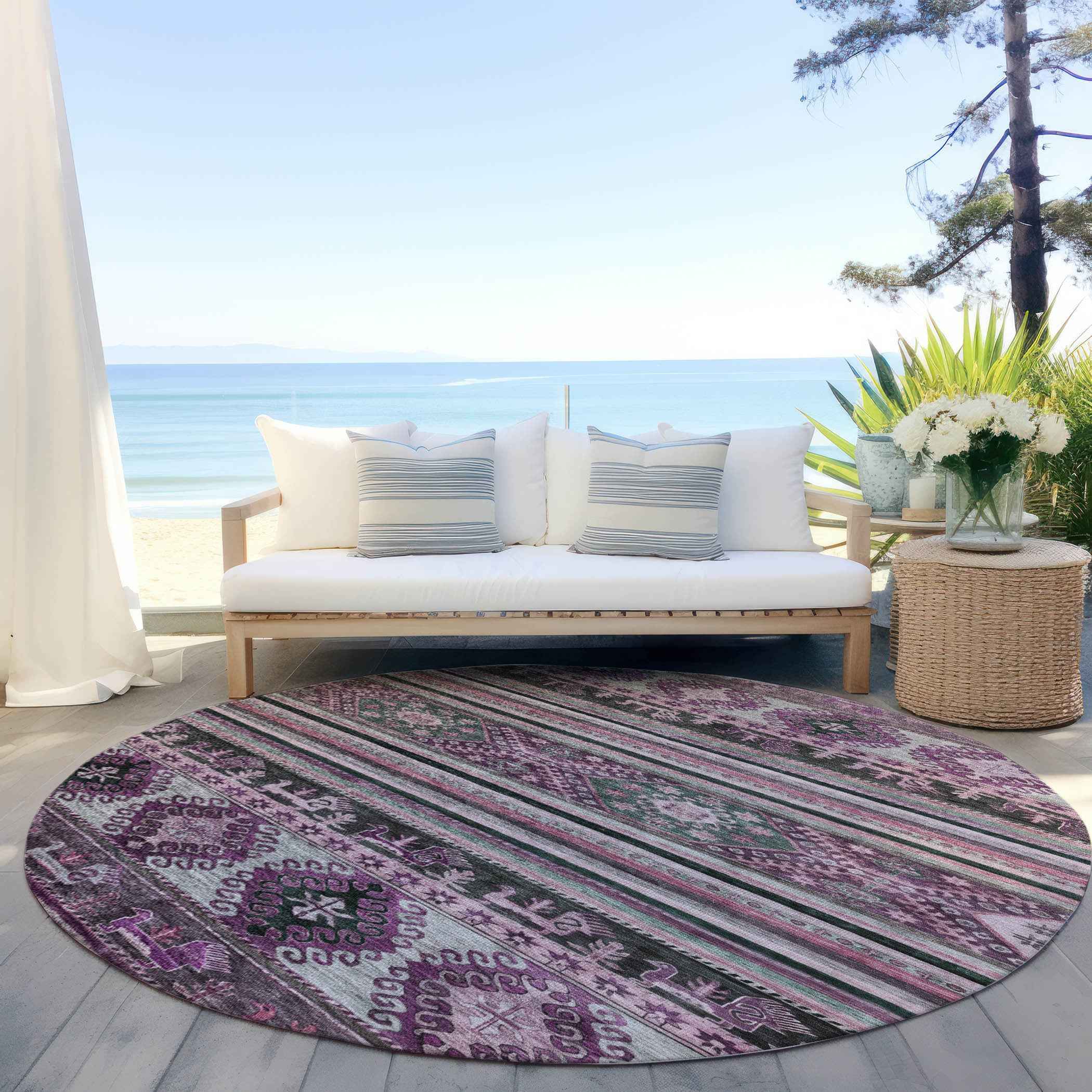8' Purple Plum And Gray Round Tribal Washable Indoor Outdoor Area Rug
