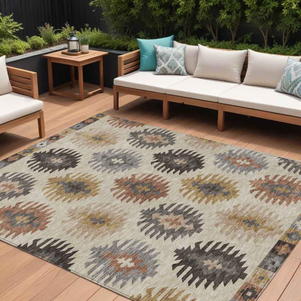 10' X 14' Beige Copper And Gray Southwestern Washable Indoor Outdoor Area Rug