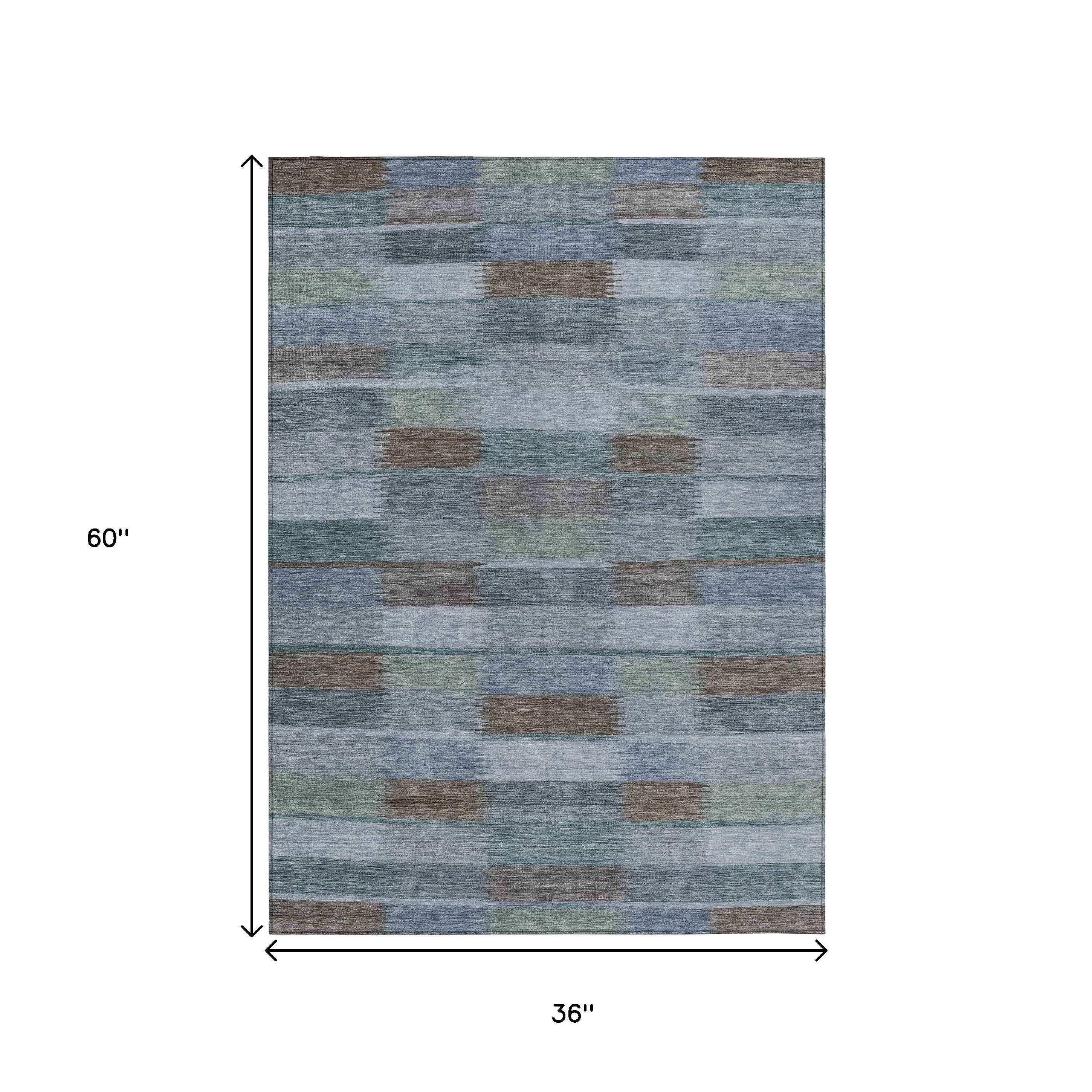 3' X 5' Blue Denim Blue And Brown Striped Washable Indoor Outdoor Area Rug
