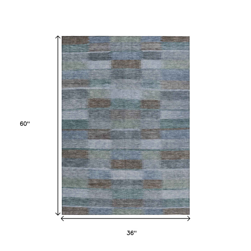 3' X 5' Blue Denim Blue And Brown Striped Washable Indoor Outdoor Area Rug