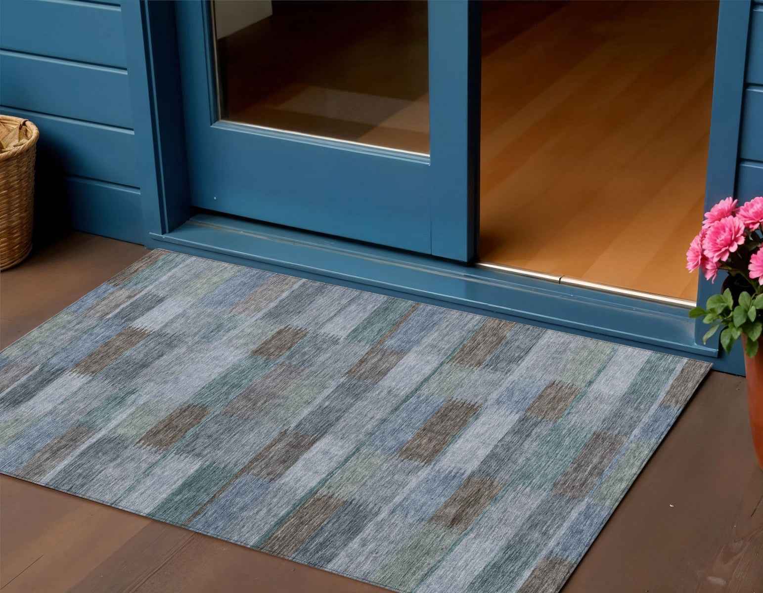 3' X 5' Blue Denim Blue And Brown Striped Washable Indoor Outdoor Area Rug