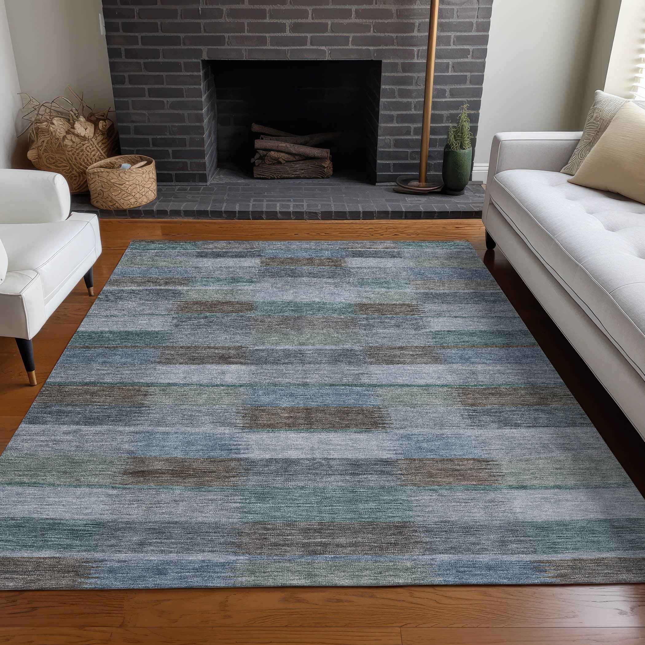 3' X 5' Blue Denim Blue And Brown Striped Washable Indoor Outdoor Area Rug