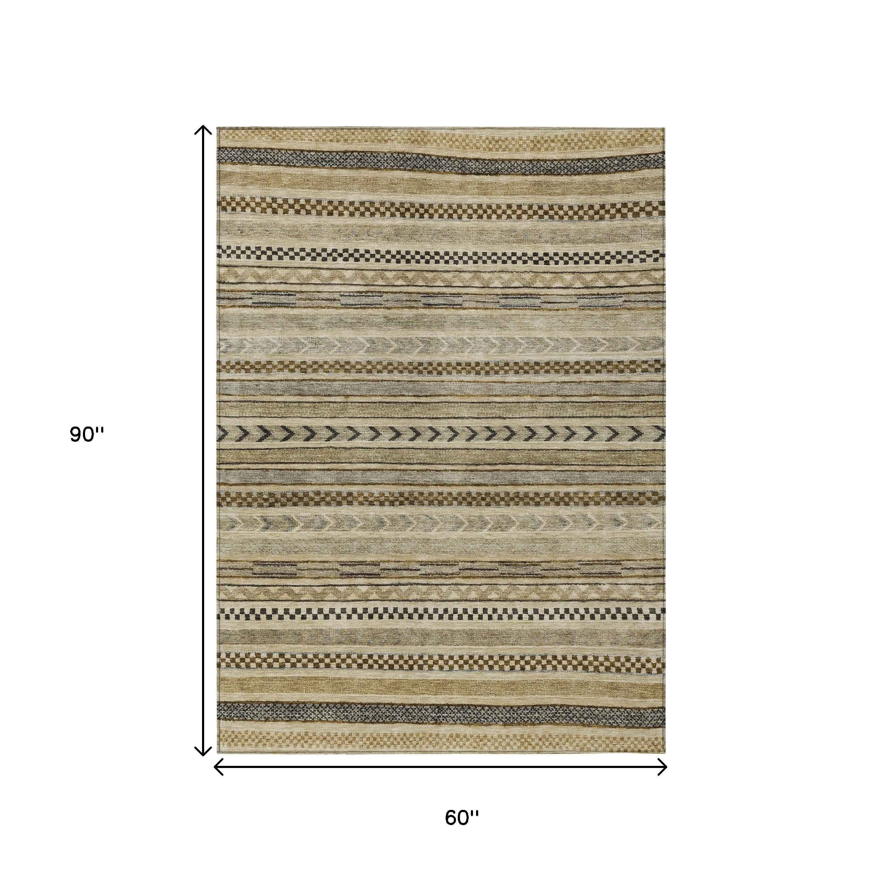 5' X 8' Chocolate And Taupe Striped Washable Indoor Outdoor Area Rug
