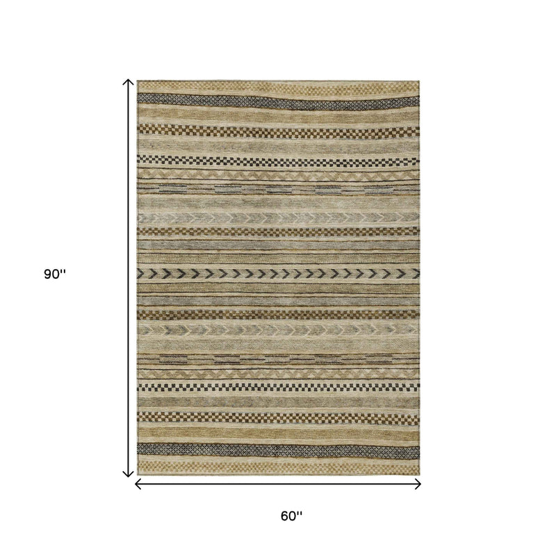 5' X 8' Chocolate And Taupe Striped Washable Indoor Outdoor Area Rug