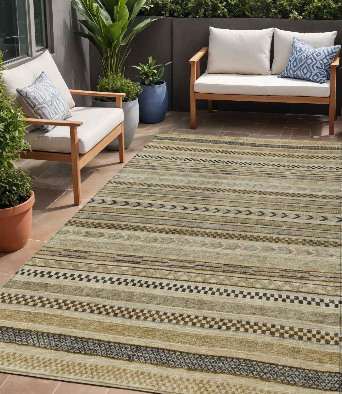 5' X 8' Chocolate And Taupe Striped Washable Indoor Outdoor Area Rug
