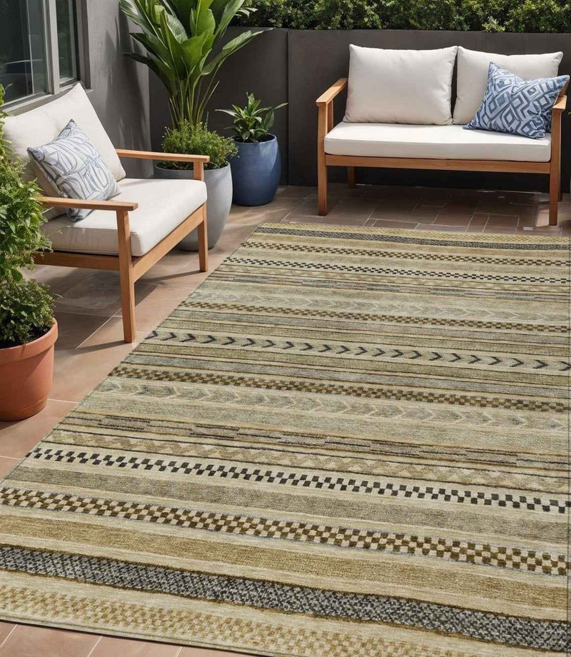 5' X 8' Chocolate And Taupe Striped Washable Indoor Outdoor Area Rug