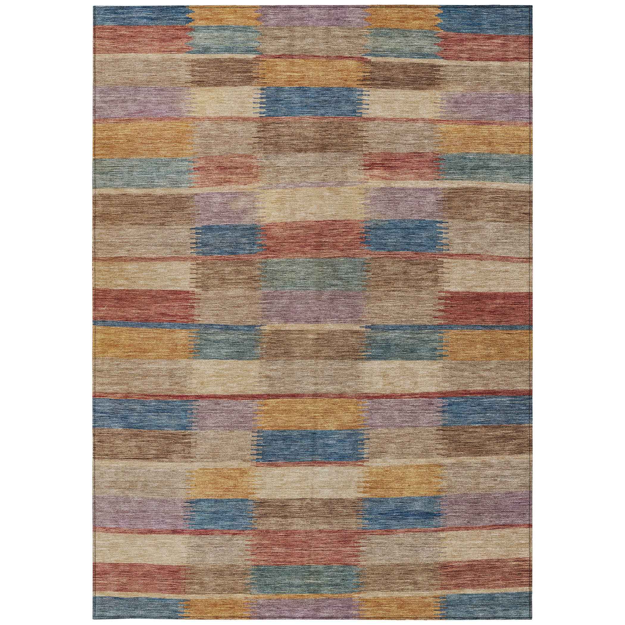 9' X 12' Beige Blue And Gold Striped Washable Indoor Outdoor Area Rug