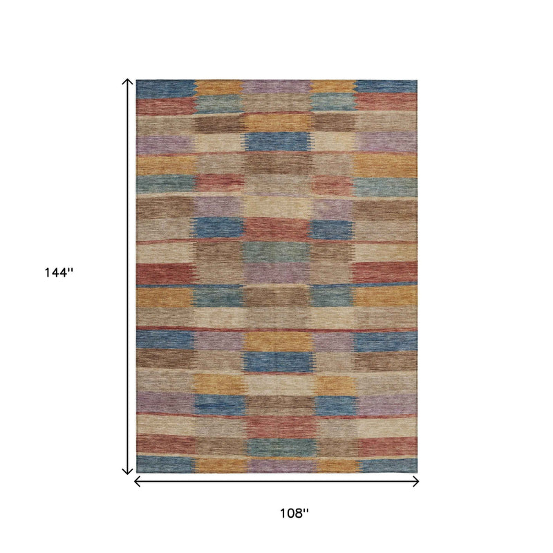 9' X 12' Beige Blue And Gold Striped Washable Indoor Outdoor Area Rug