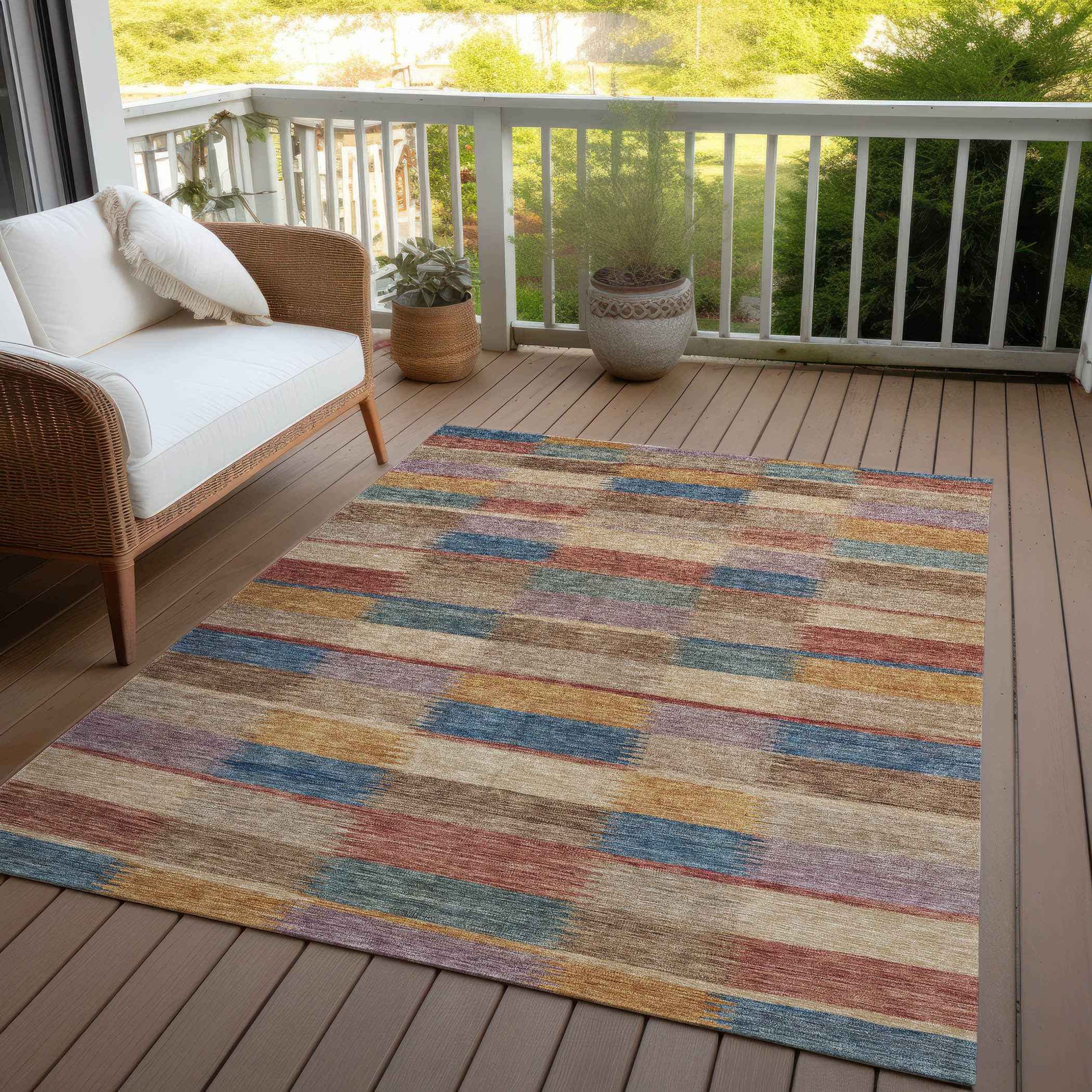 9' X 12' Beige Blue And Gold Striped Washable Indoor Outdoor Area Rug