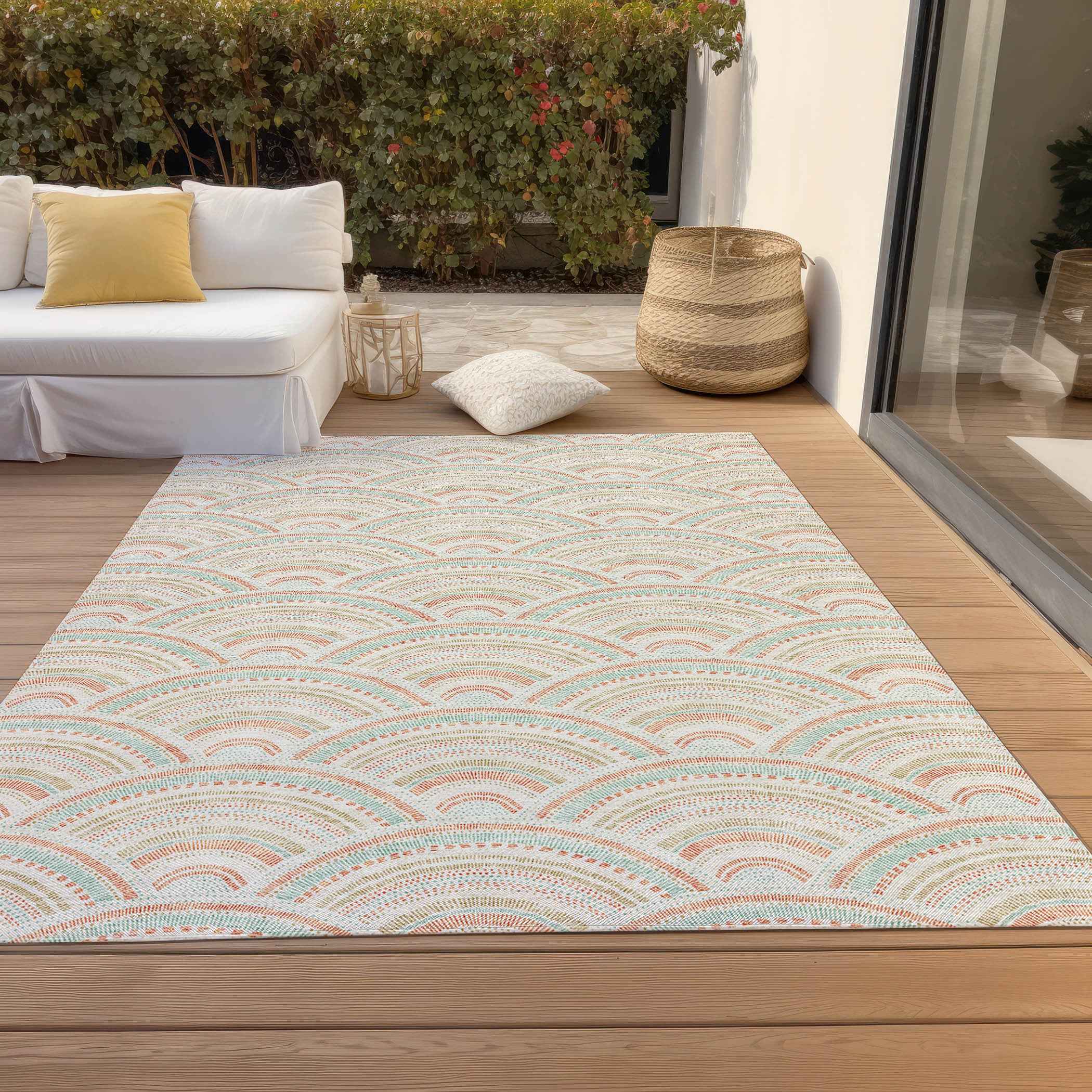 5' X 8' Linen Orange And Ivory Geometric Washable Indoor Outdoor Area Rug