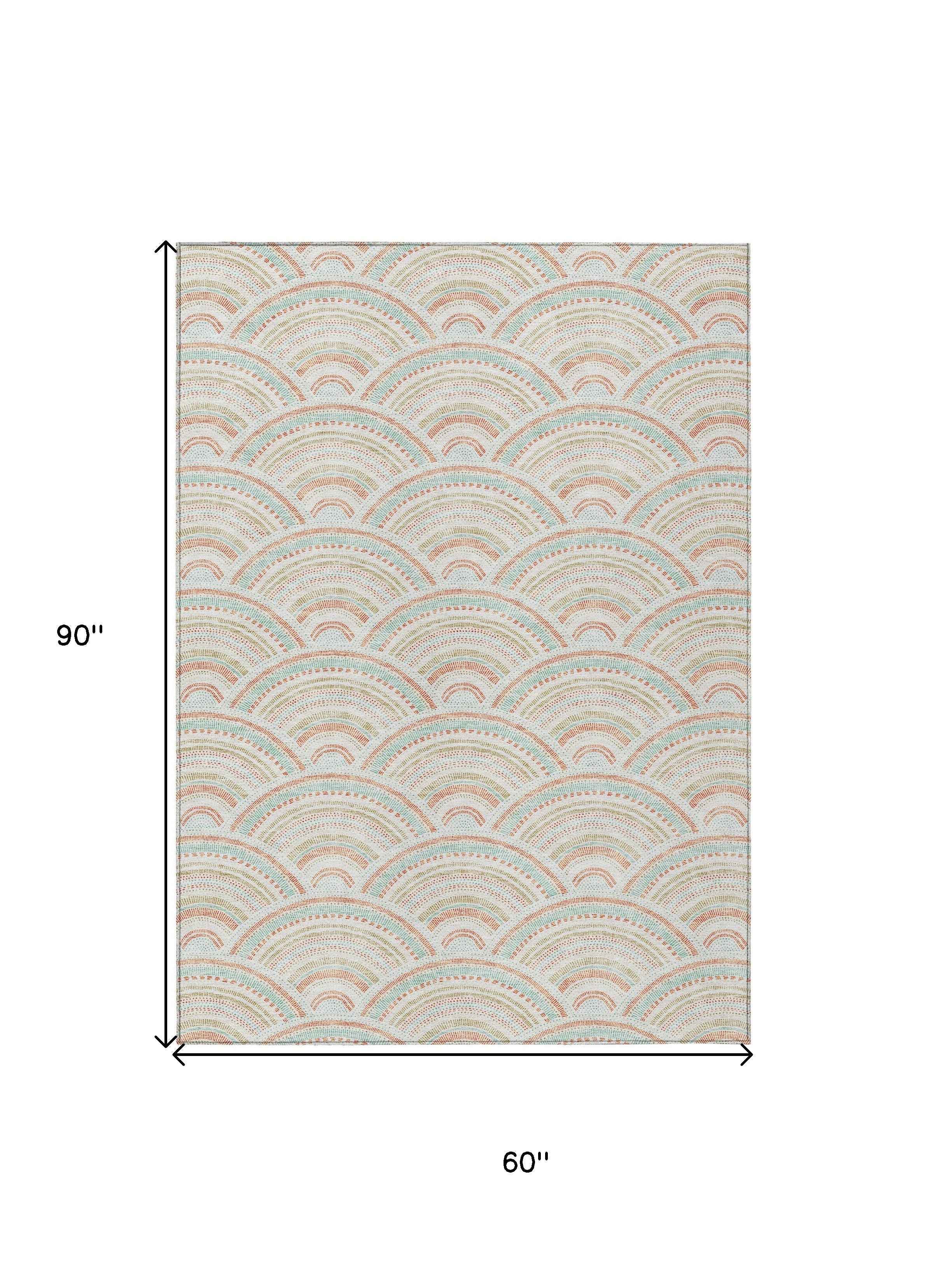 5' X 8' Linen Orange And Ivory Geometric Washable Indoor Outdoor Area Rug