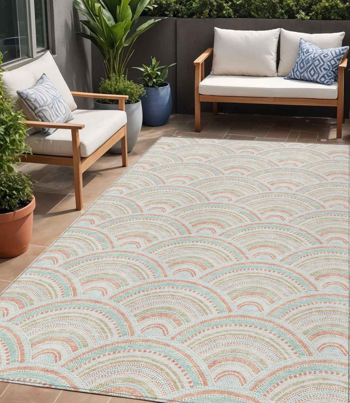 5' X 8' Linen Orange And Ivory Geometric Washable Indoor Outdoor Area Rug