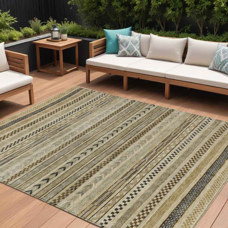 10' X 14' Chocolate And Taupe Striped Washable Indoor Outdoor Area Rug