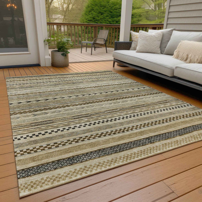 10' X 14' Chocolate And Taupe Striped Washable Indoor Outdoor Area Rug
