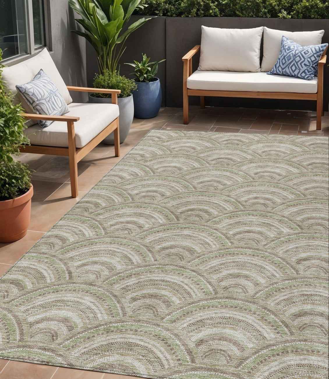 5' X 8' Taupe Fern Green And Ivory Geometric Washable Indoor Outdoor Area Rug