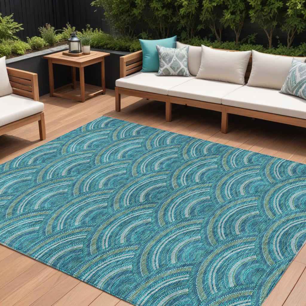 9' X 12' Teal Blue Fern Green And Ivory Geometric Washable Indoor Outdoor Area Rug