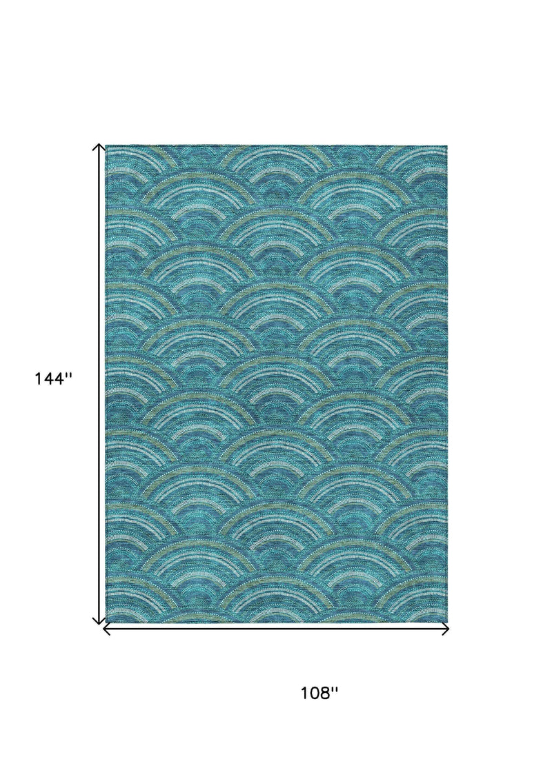 9' X 12' Teal Blue Fern Green And Ivory Geometric Washable Indoor Outdoor Area Rug