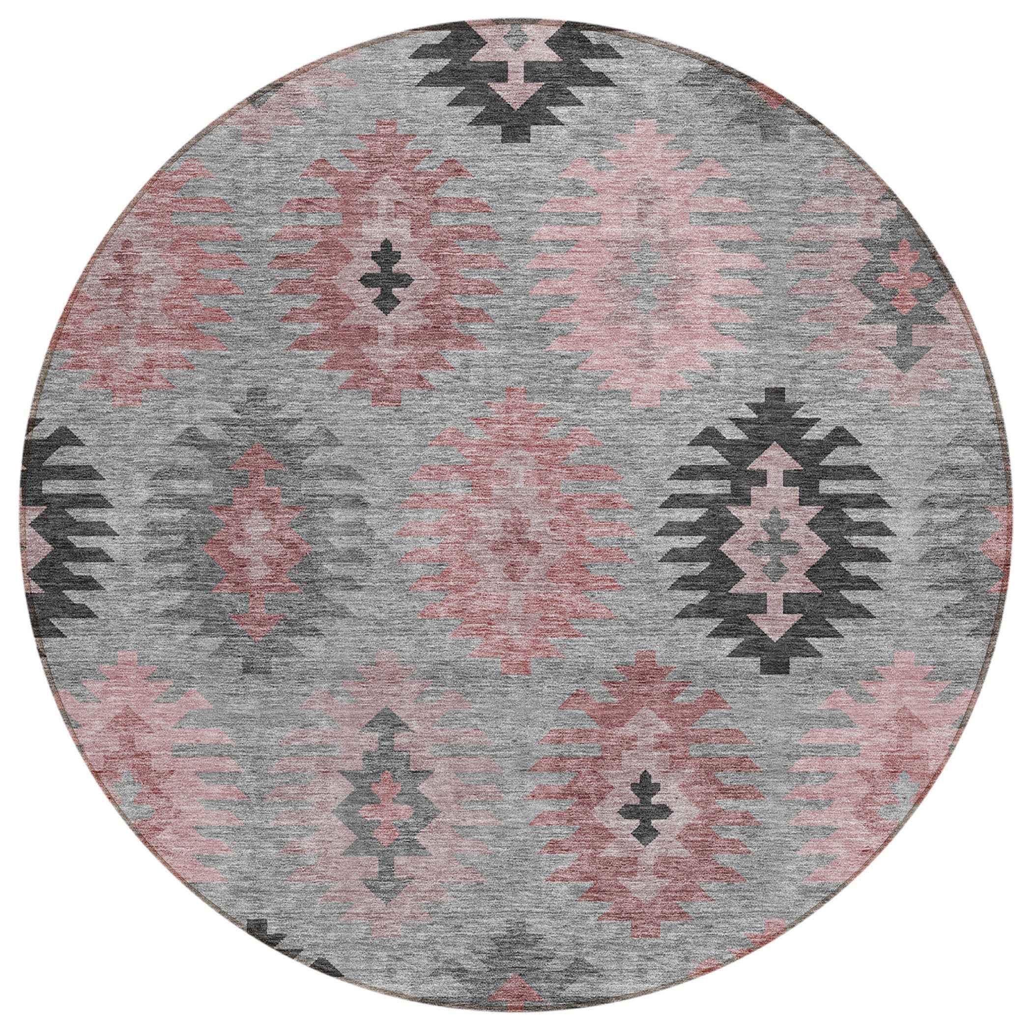 8' Gray Mauve And Charcoal Round Southwestern Washable Indoor Outdoor Area Rug