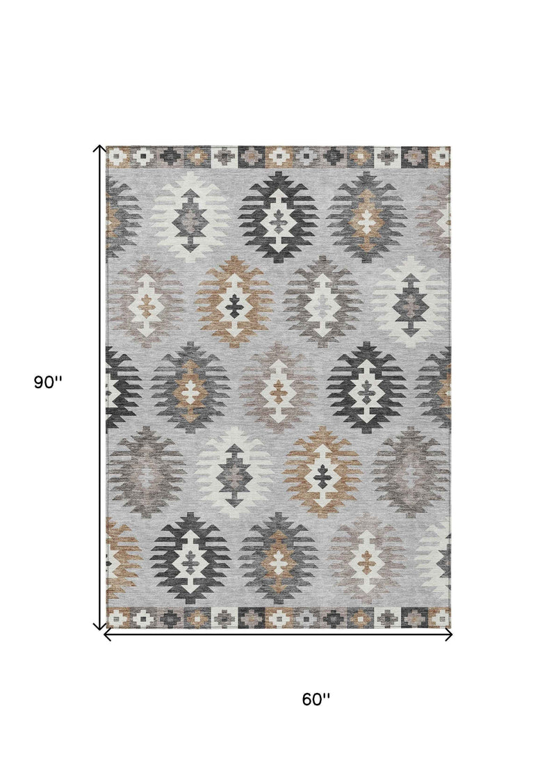 5' X 8' Silver Beige And Charcoal Southwestern Washable Indoor Outdoor Area Rug