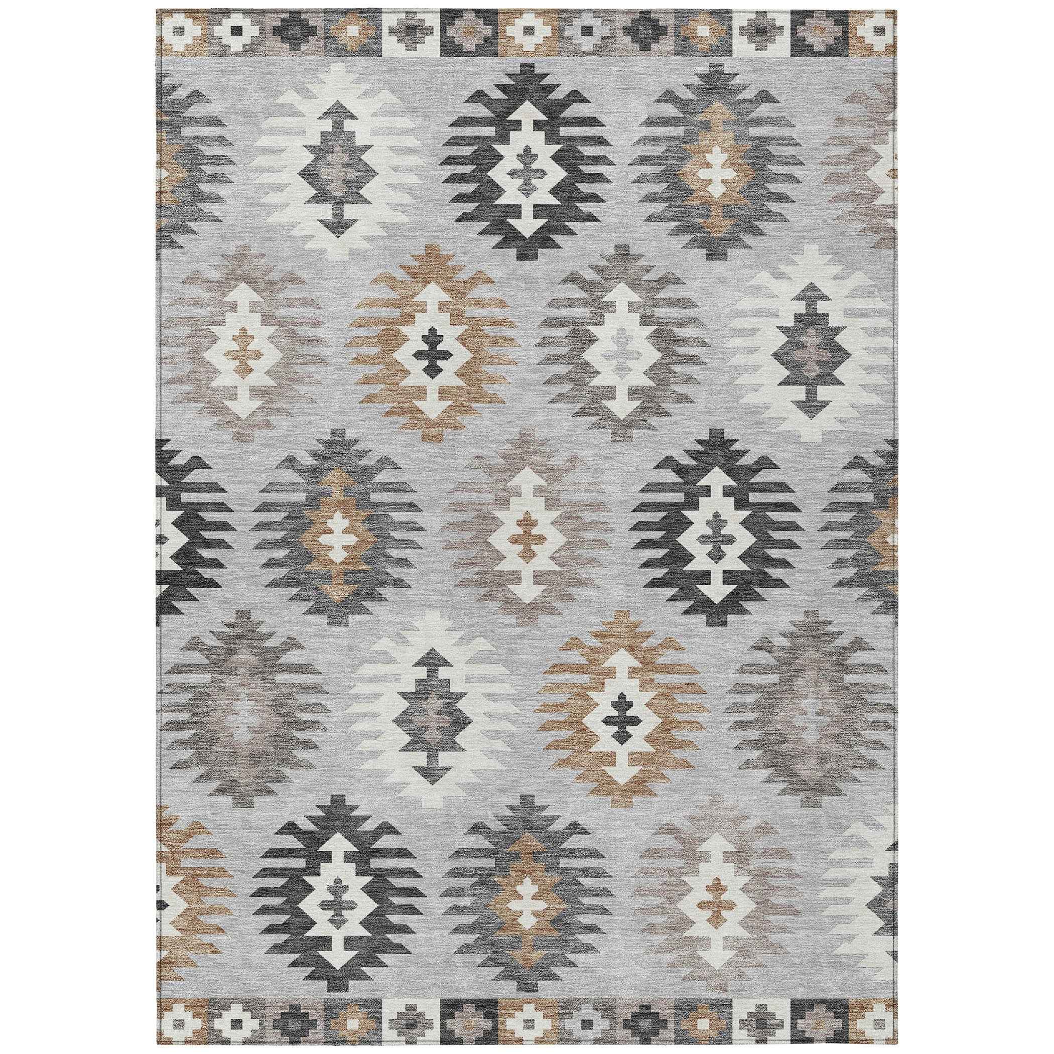 5' X 8' Silver Beige And Charcoal Southwestern Washable Indoor Outdoor Area Rug