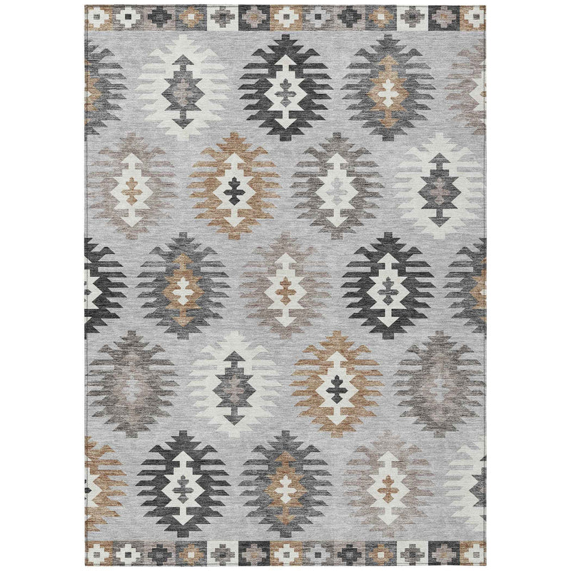 5' X 8' Silver Beige And Charcoal Southwestern Washable Indoor Outdoor Area Rug