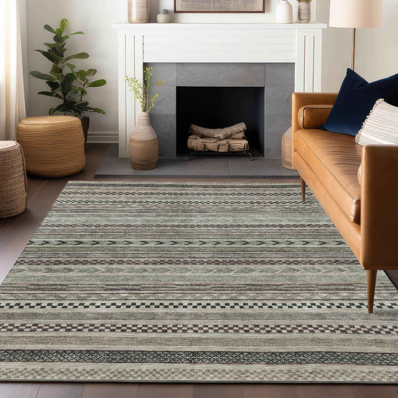 3' X 5' Taupe And Brown Striped Washable Indoor Outdoor Area Rug