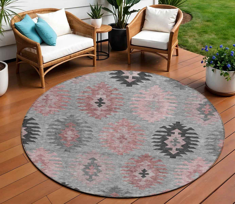 8' Gray Mauve And Charcoal Round Southwestern Washable Indoor Outdoor Area Rug