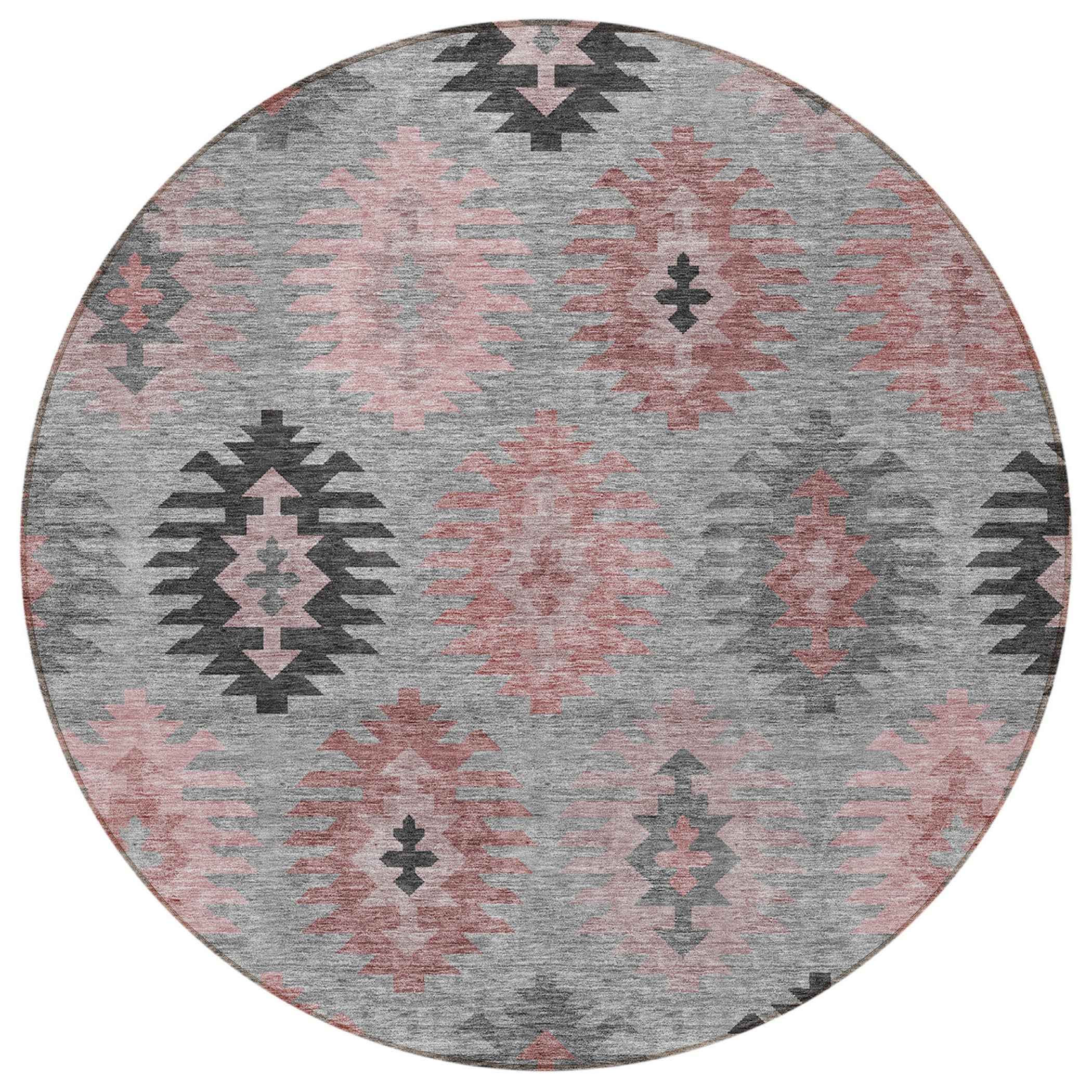 8' Gray Mauve And Charcoal Round Southwestern Washable Indoor Outdoor Area Rug