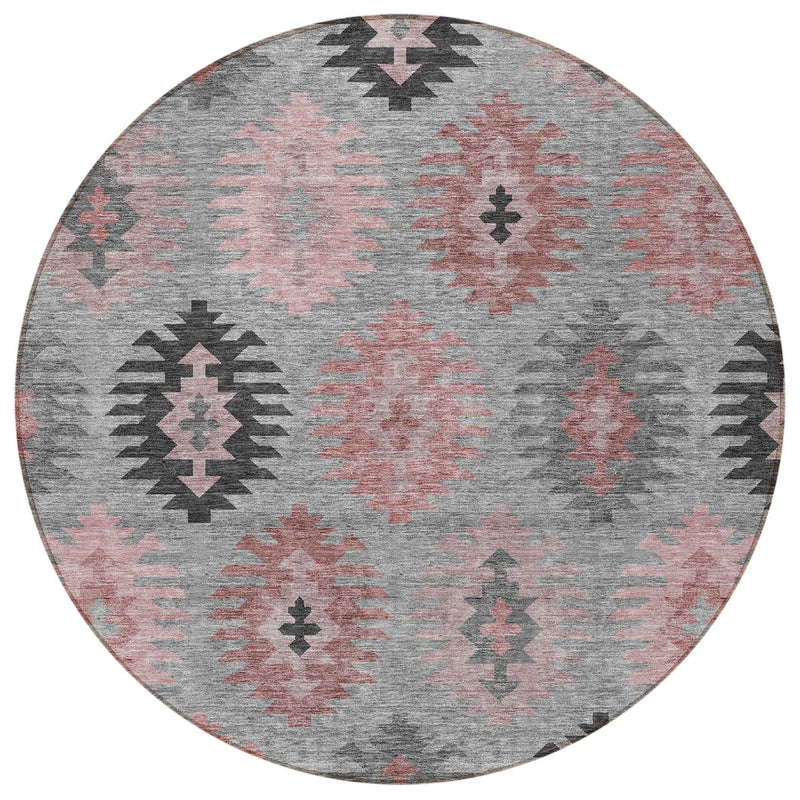 8' Gray Mauve And Charcoal Round Southwestern Washable Indoor Outdoor Area Rug