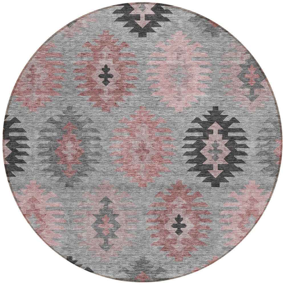 8' Gray Mauve And Charcoal Round Southwestern Washable Indoor Outdoor Area Rug