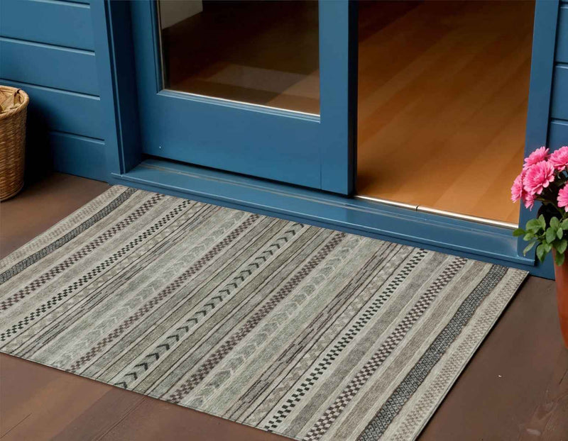 3' X 5' Taupe And Brown Striped Washable Indoor Outdoor Area Rug