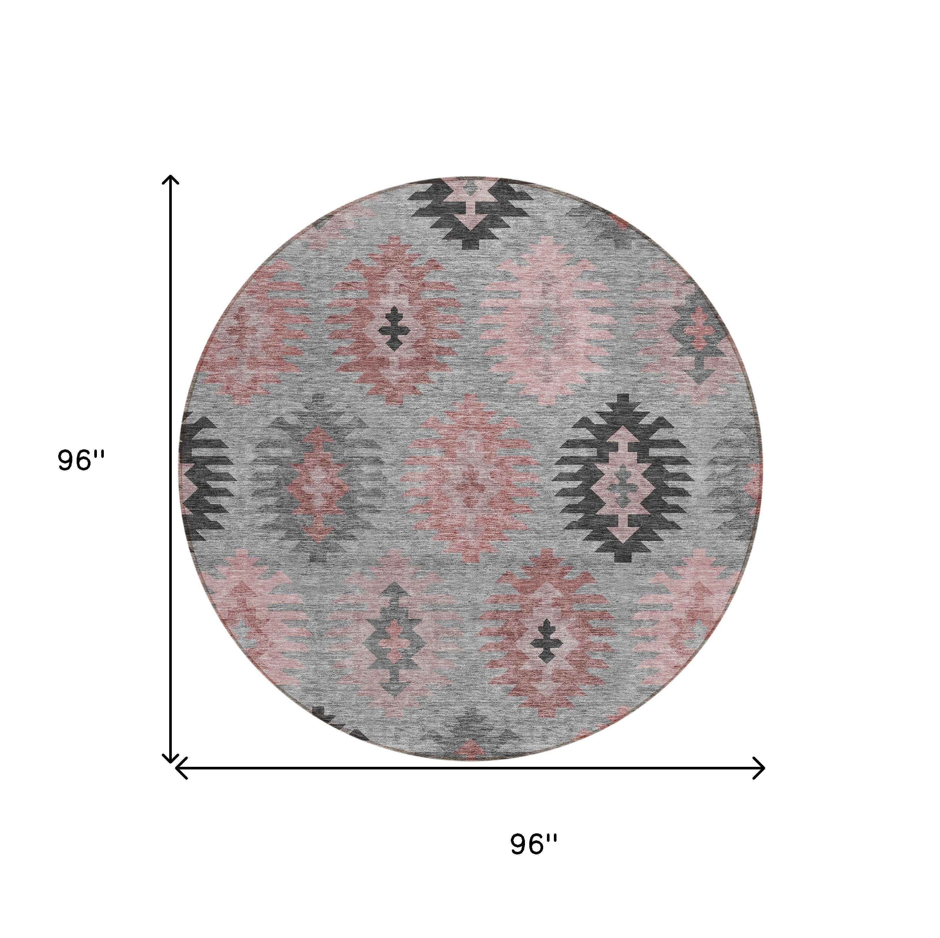 8' Gray Mauve And Charcoal Round Southwestern Washable Indoor Outdoor Area Rug