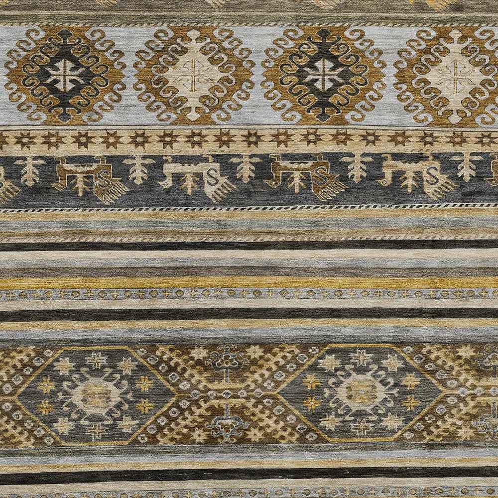 10' X 14' Chocolate Taupe And Gold Tribal Washable Indoor Outdoor Area Rug