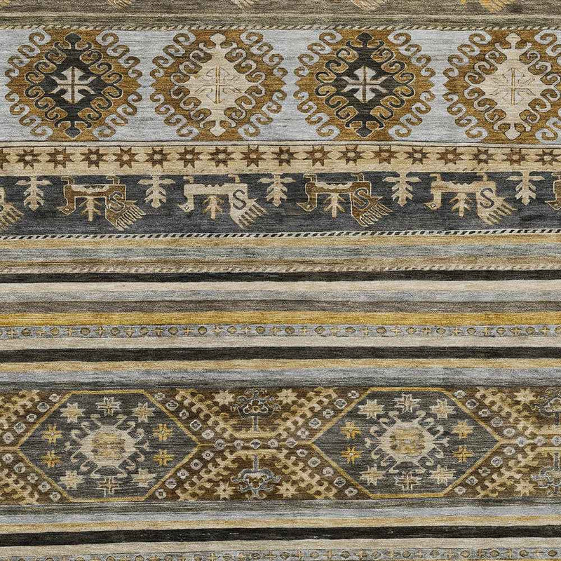 10' X 14' Chocolate Taupe And Gold Tribal Washable Indoor Outdoor Area Rug