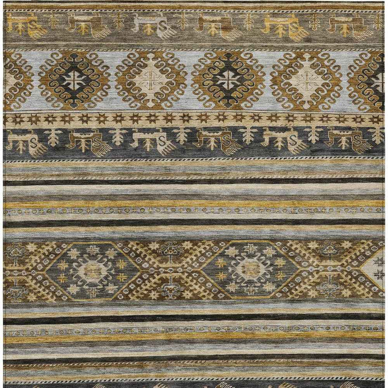 10' X 14' Chocolate Taupe And Gold Tribal Washable Indoor Outdoor Area Rug