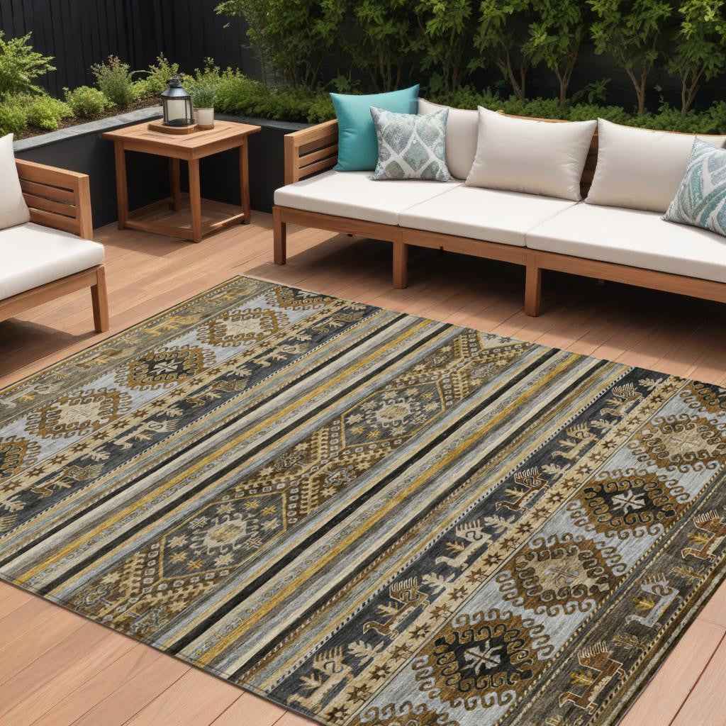 10' X 14' Chocolate Taupe And Gold Tribal Washable Indoor Outdoor Area Rug