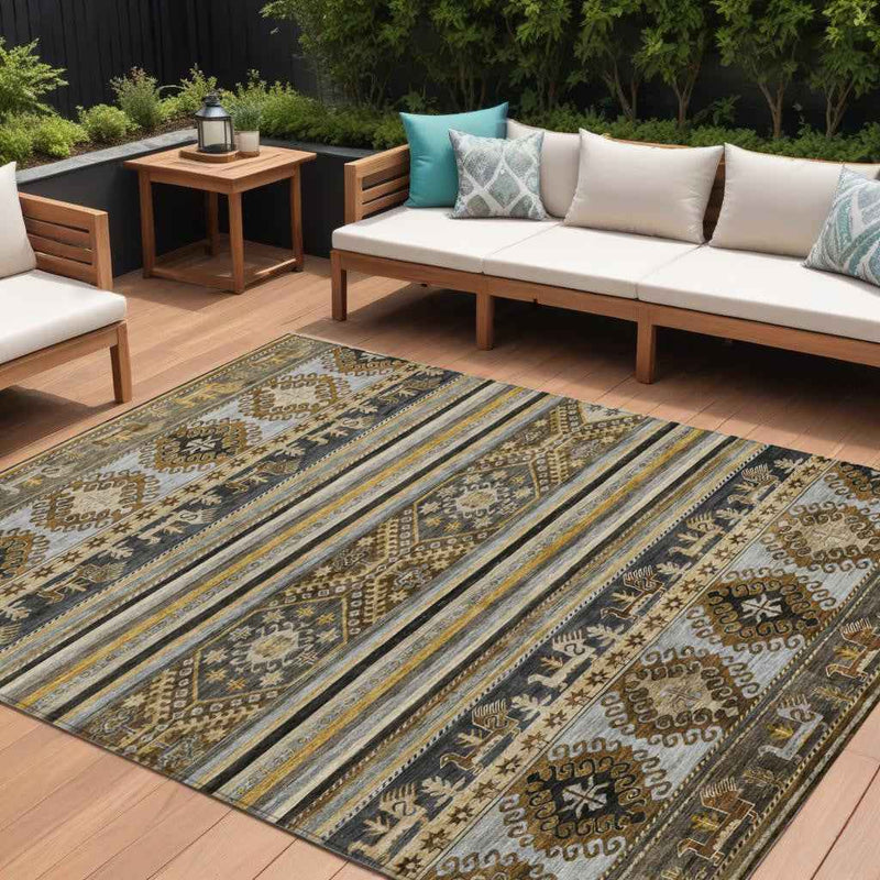 10' X 14' Chocolate Taupe And Gold Tribal Washable Indoor Outdoor Area Rug