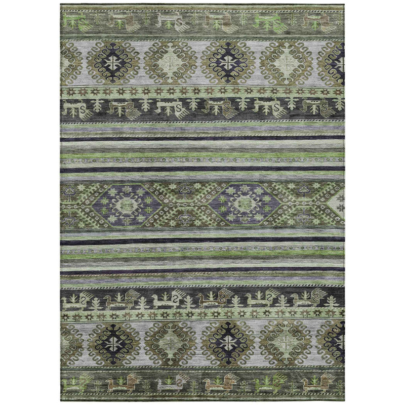 8' X 10' Fern Green Taupe And Ivory Tribal Washable Indoor Outdoor Area Rug
