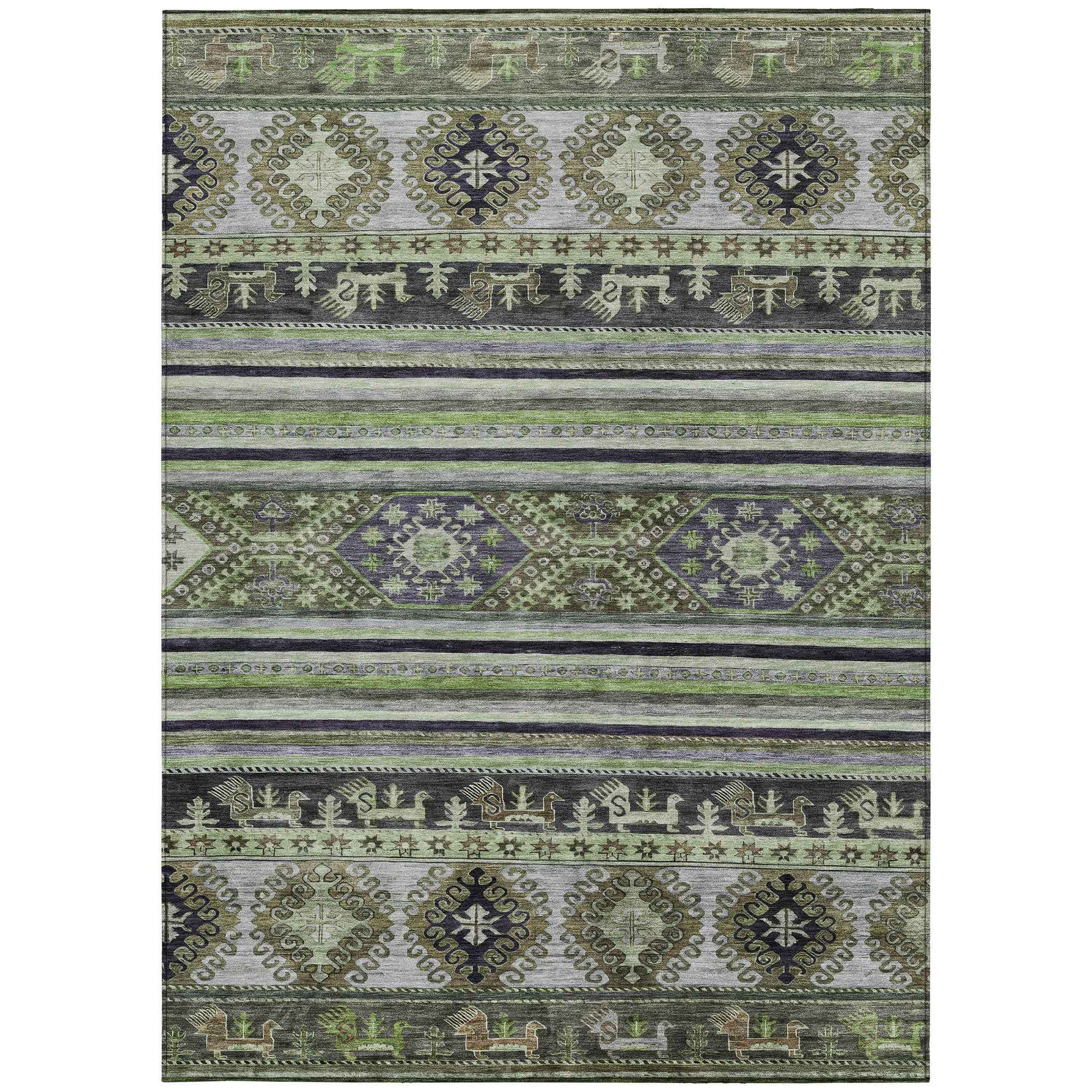 8' X 10' Fern Green Taupe And Ivory Tribal Washable Indoor Outdoor Area Rug