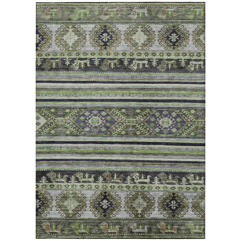 8' X 10' Fern Green Taupe And Ivory Tribal Washable Indoor Outdoor Area Rug