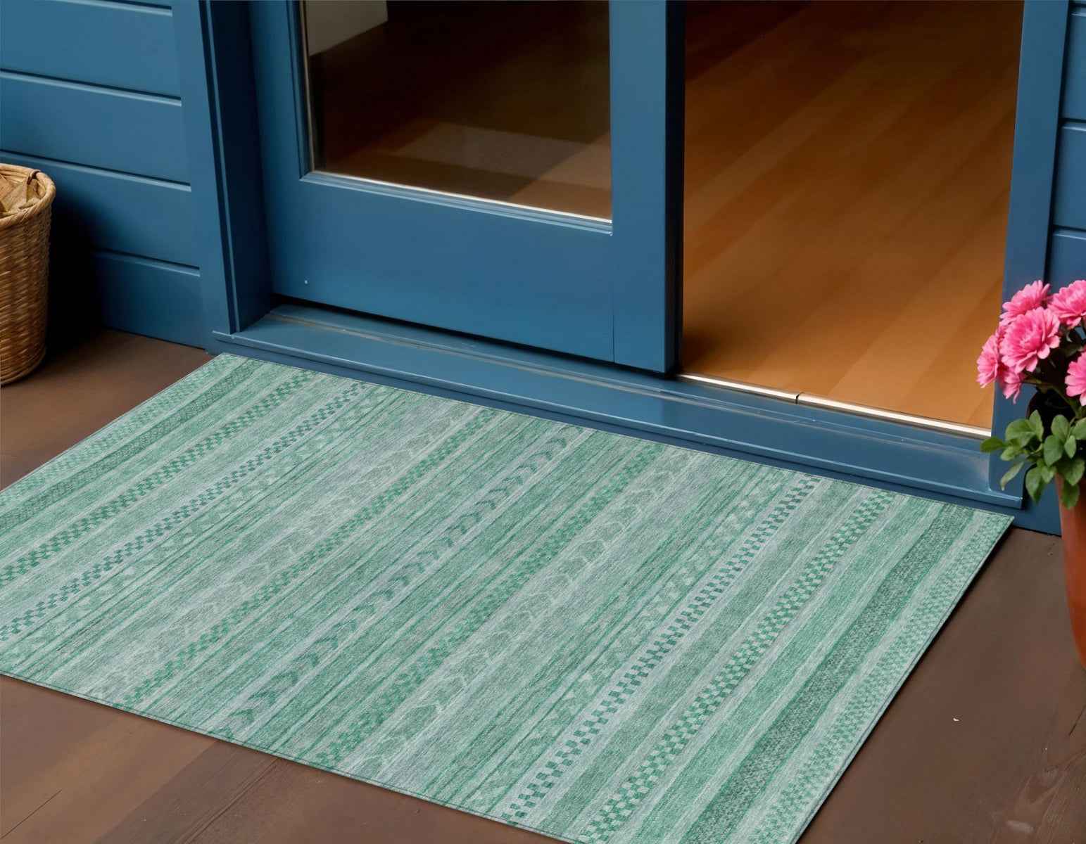 3' X 5' Turquoise And Aqua Striped Washable Indoor Outdoor Area Rug